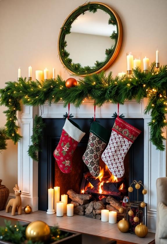 festive fireplace stocking display