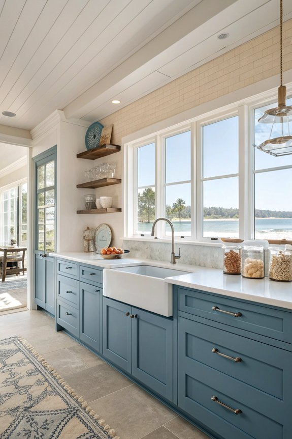 beach inspired blue cabinets