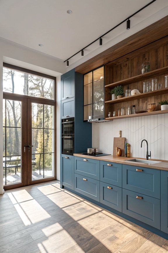blue cabinets warm wood