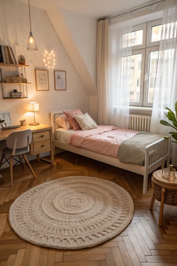 rugs define bedroom spaces