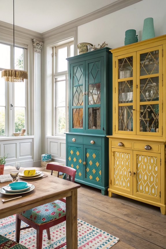 vibrant cabinets enhance dining